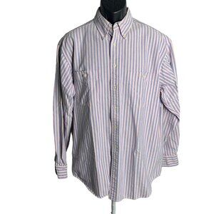 Roundtree & Yorke Button Down Shirt L White Pink Stripes Long Sleeves Pockets
